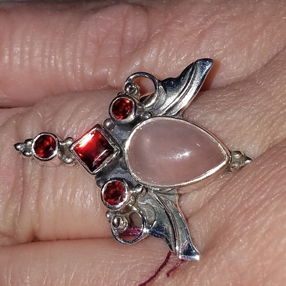 Sterling Silver Rose quartz Garnet Angel wing Ring size 7.5 - Picture 2 of 6